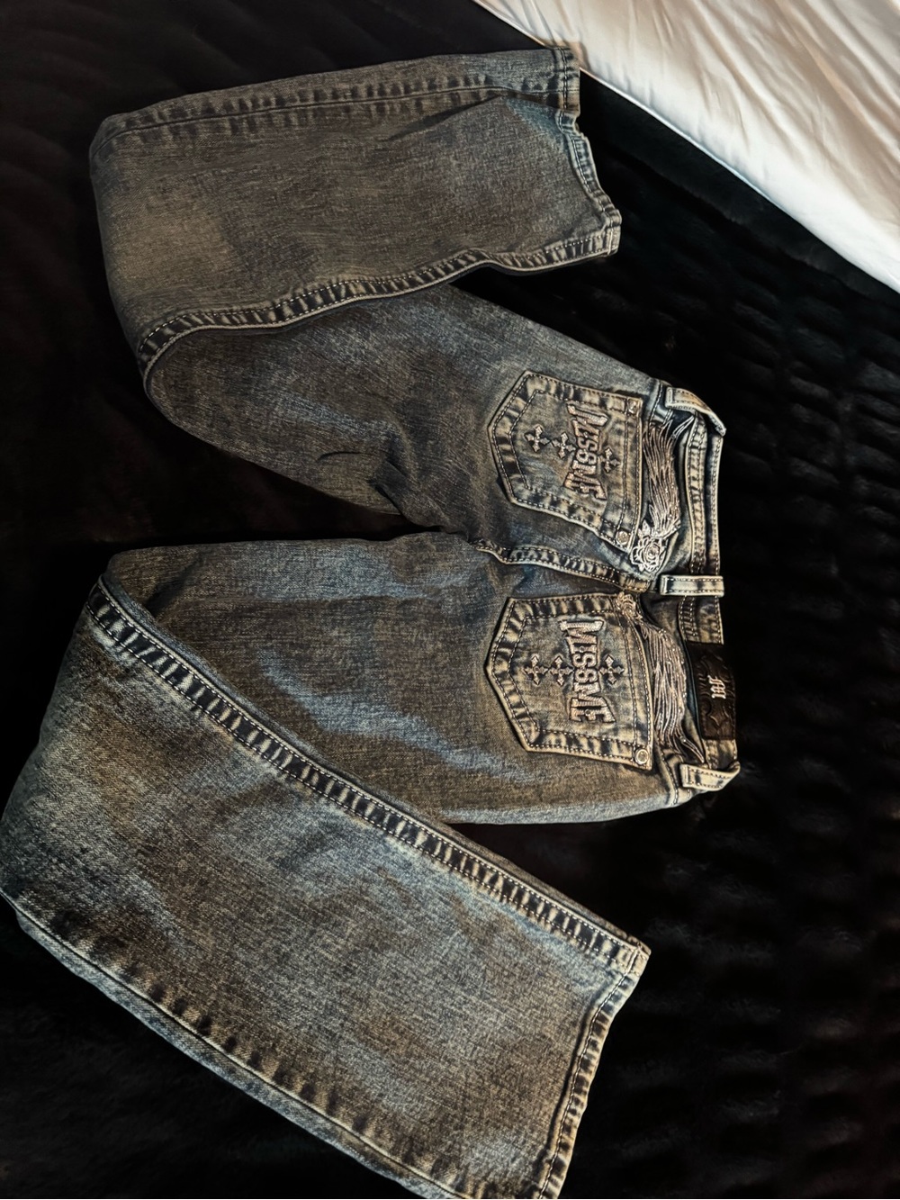 Miss Me Black Washed Boot Cut Jeans with Embroidered Pockets